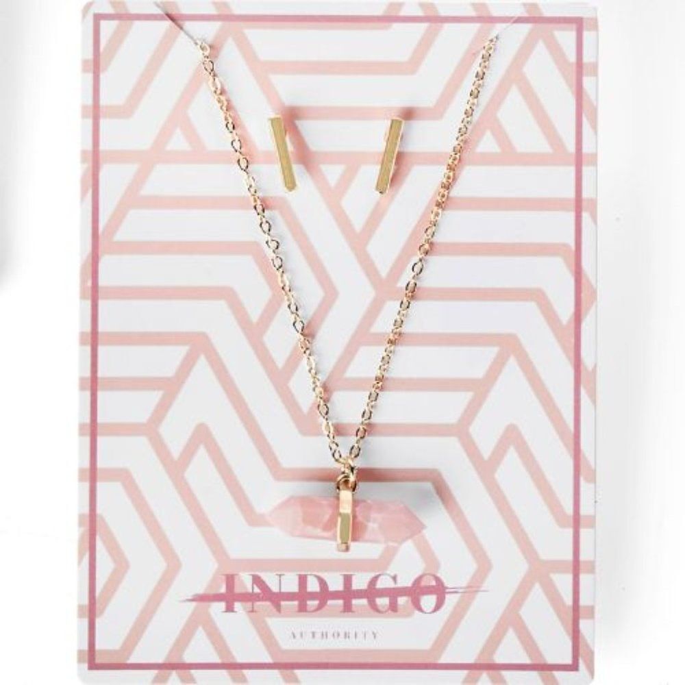 NWT Cora Pink Semi-Precious Stone Necklace + Earrings Set
